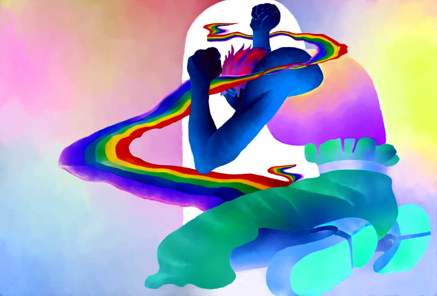 A detail of Chasing the Dream: the rainbow ribbon trailing behind the figure